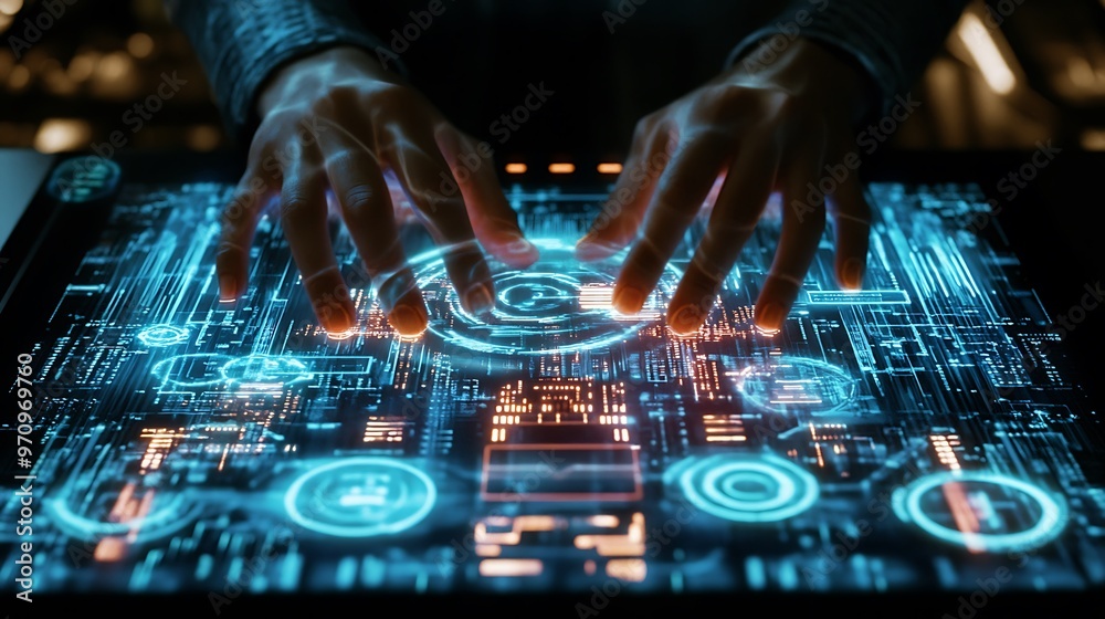 Poster hands interacting with a futuristic digital interface