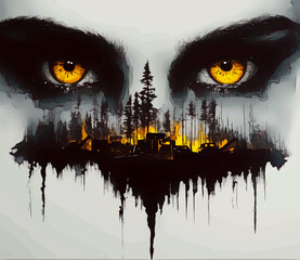 A striking image of wild eyes emerging from a dark silhouette with trees, symbolizing nature's reproach towards industrialization, deforestation, and environmental destruction by humanity.