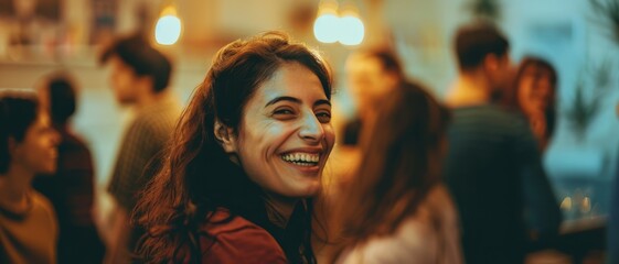 A woman smiles warmly among friends in a cozy, dimly-lit space, creating an intimate and joyful atmosphere.