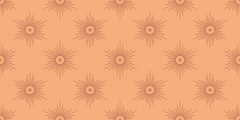 Vector bohemian seamless pattern with sun,star and sunburst.Boho linear emblems in trendy minimalist style.Celestial decoration background.Branding  and packaging design template.