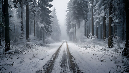 Obraz premium Enchanting winter wonderland - Serene snow-covered forest path leading into misty unknown - A captivating scene for wall art or Background