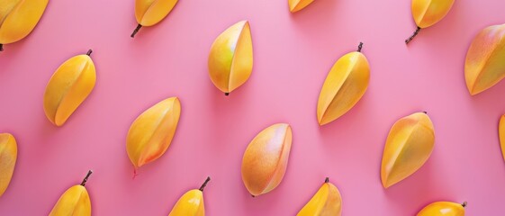 Repetitive pattern of fresh whole mangoes on a pink background, creating an attractive and vibrant fruit display.