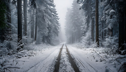 Naklejka premium Enchanting winter wonderland - Serene snow-covered forest path leading into misty unknown - A captivating scene for wall art or Background