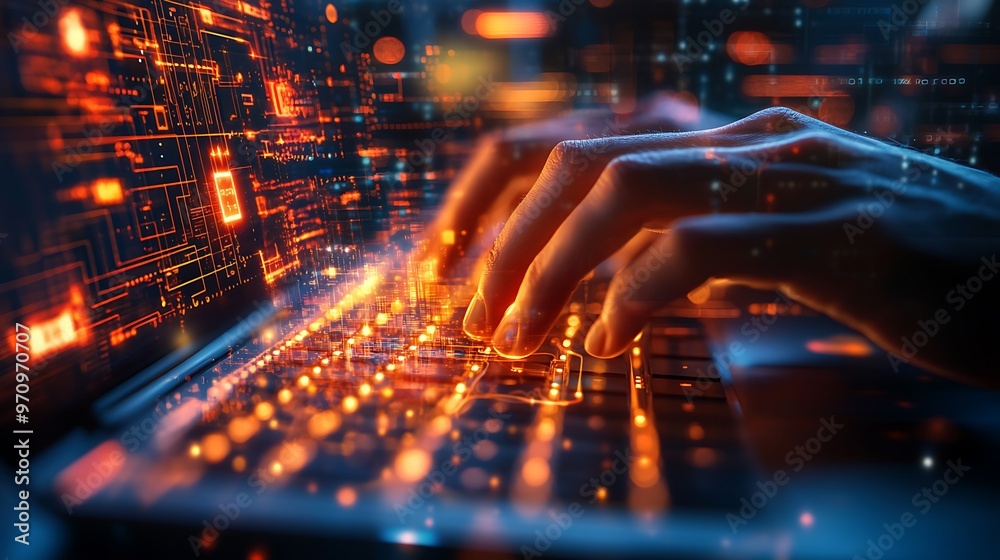 Poster Hands Typing on a Laptop with Glowing Circuitry and Binary Code