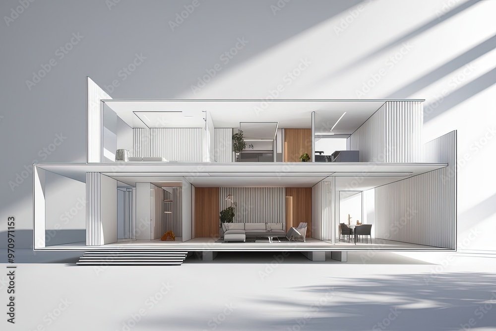 Wall mural A futuristic and sleek modern illustration of a concept house layout, rendered in 3D