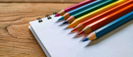 A display of colorful pencils neatly arranged on a blank sketchpad, ready for drawing or art creation, placed on a wooden surface.