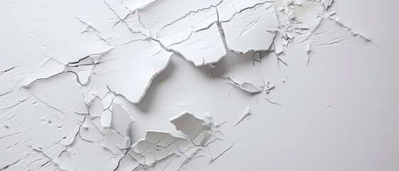 Obraz premium A detailed look at cracking white paint on a wall, revealing layers beneath and suggesting elements of decay, time, and transformation.