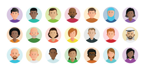 Illustrated flat simple characters social media profile images. Cropped headshots. Lots of diverse colorful  characters. Easy to edit.	