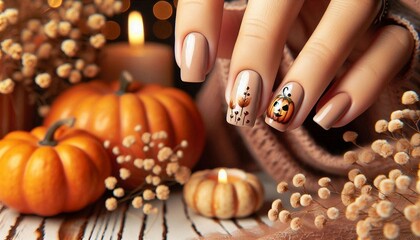 a hand with detailed autumn-themed nail art, resting near small pumpkins and dried floral decorations, evoking a cozy fall atmosphere.