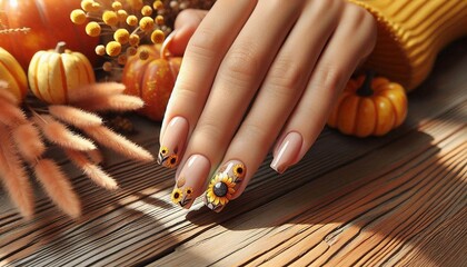 a hand with detailed nail art featuring sunflower designs, resting on a wooden surface surrounded by autumnal decorations including small pumpkins and golden berries.