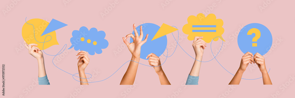 Wall mural Composite panoramic collage of hands hold text box communication bubble question sign diagram business isolated on painted background