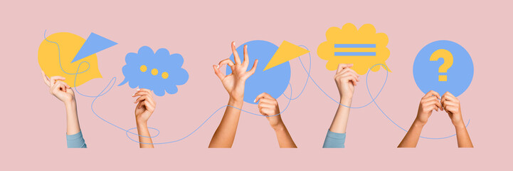 Composite panoramic collage of hands hold text box communication bubble question sign diagram...