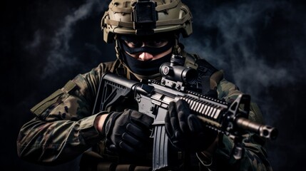 Fototapeta premium Portrait of a special forces soldier with machine gun. The concept of special military units. Neural network ai generated art