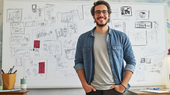 portrait of a professional teacher, professor of high school, hands in pocket, casual clothing, smiling, concept