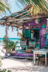 Obraz premium purple beach hut, boho style small house with outdoor seating and table on the sand of caribbean white sandy beaches with blue water, palm trees and green plants