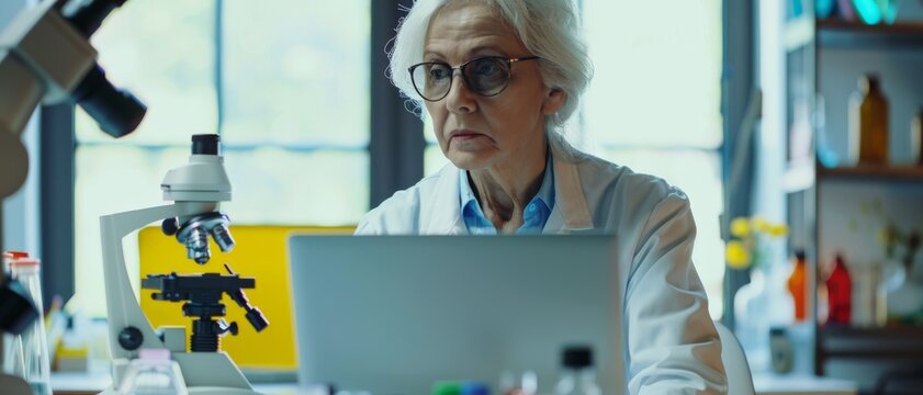 An elderly scientist in a bright laboratory analyses data on a laptop, surrounded by scientific equipment and natural light.