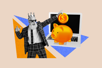 Creative collage image elder funky man gentleman macho golden pig coins funds collection laptop internet earnings profit income trader