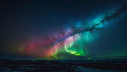 Naklejka premium A cosmic, starry sky blending into vibrant northern light