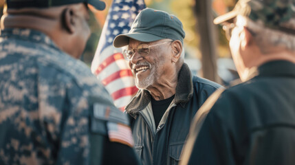 Veteran smiling while talking to fellow servicemen at a Veterans Day event with an American flag in the background