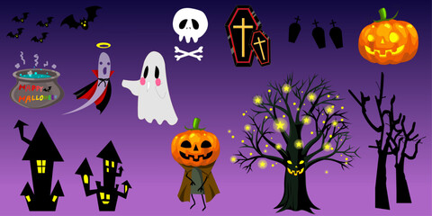 Set of Happy Halloween decorations, ghost, pumpkin, bat and cauldron. Halloween Elements Vector Illustration.