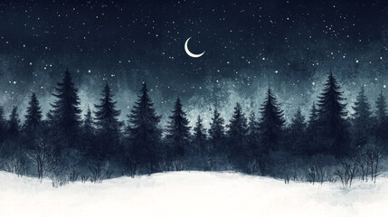 Fototapeta premium A dark pine forest stands against a snowy field, with a starry night sky and a crescent moon above. The scene is painted in the traditional Japanese style of sumi-e, using ink and brush.