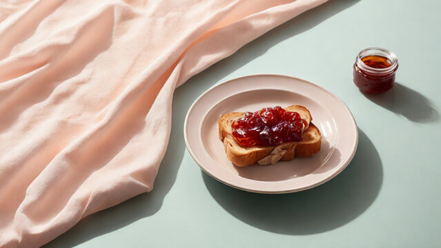 Fruit jam on a homemade slice of bread, simple and delicious breakfast.