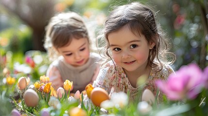 23. An Easter egg hunt in a picturesque garden, with children in pastel outfits eagerly searching for eggs hidden among the blooming flowers and fresh greenery