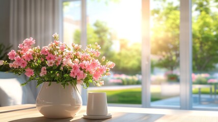 Pink Flowers in a Vase on a Table by a Window