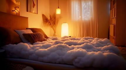 cozy bedroom setup, with a mattress covered in thick, soft cotton clouds, paired with warm lights and soft textures
