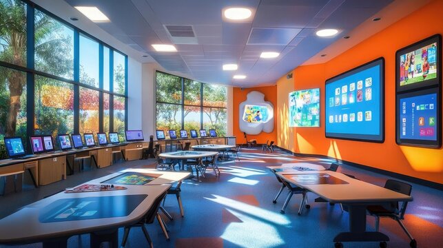 A high-tech classroom where students use tablets and interactive whiteboards, learning in a fully digital environment