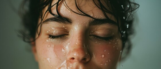 Close-up of a face with water droplets, eyes closed in a serene expression, conveying calm and contemplation.