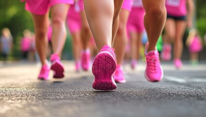 A group of women in pink running shoes and capri pants doing the brisk walk for cancer, a close-up shot focusing on their feet wearing bright sneakers as they make their way down an outdoor road durin