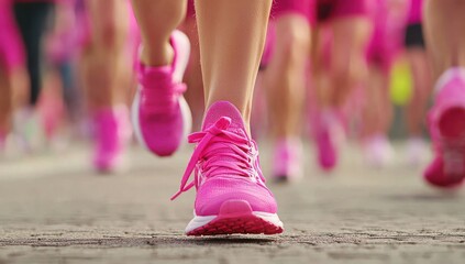 A group of women in pink running shoes and capri pants doing the brisk walk for cancer, a close-up shot focusing on their feet wearing bright sneakers as they make their way down an outdoor road durin