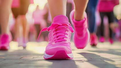 A group of women in pink running shoes and capri pants doing the brisk walk for cancer, a close-up shot focusing on their feet wearing bright sneakers as they make their way down an outdoor road durin