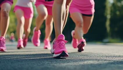 A group of women in pink running shoes and capri pants doing the brisk walk for cancer, a close-up shot focusing on their feet wearing bright sneakers as they make their way down an outdoor road durin