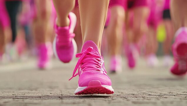 A group of women in pink running shoes and capri pants doing the brisk walk for cancer, a close-up shot focusing on their feet wearing bright sneakers as they make their way down an outdoor road durin - Powered by Adobe