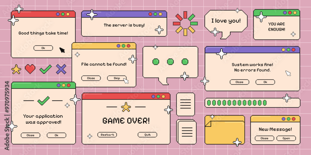 Fototapete retro pixel computer screens, set of vintage opened pc windows, user interface with short phrases an