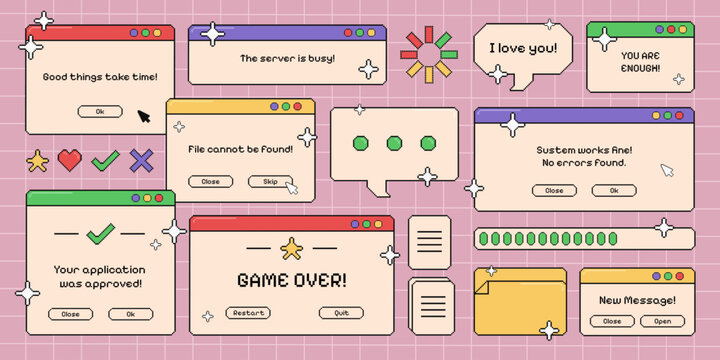 Retro pixel computer screens, set of vintage opened pc windows, user interface with short phrases and items on the grid pattern. Vector illustration.