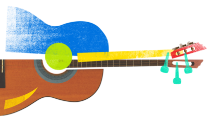 Fragmented acoustic guitar with colorful shapes, including blue body, yellow neck, and green tuning pegs against transparent background. Textured effect. Concept of art, music festivals, party.