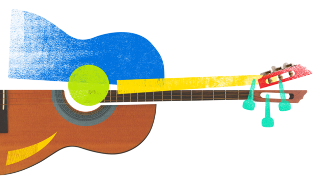 Fragmented acoustic guitar with colorful shapes, including blue body, yellow neck, and green tuning pegs against transparent background. Textured effect. Concept of art, music festivals, party.