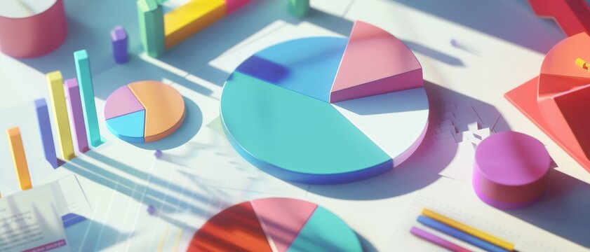 Vibrant 3D graphs and pie charts in colorful pastels showcase dynamic data visualization, casting playful shadows on a white surface.