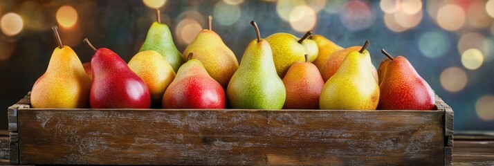 Fresh pear fruit in wooden crate in orchard plantation farm