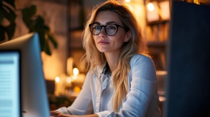 Woman in Glasses Focused on Computer Screen.
