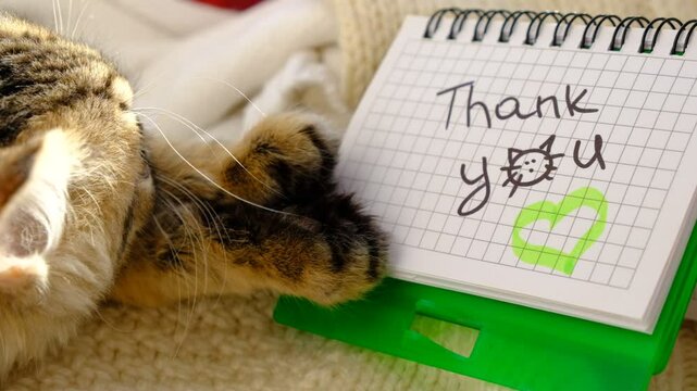 Text Thank You on paper, notepad. Relaxing tabby cat. Wedding, Birthday, Valentines Day, dating.	