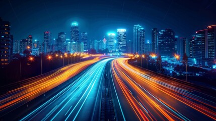 Fototapeta premium Abstract light background, city road lights at night, highway lights and traffic, long exposure, motion blur, vibrant and dynamic, streaks of light, AI Generative