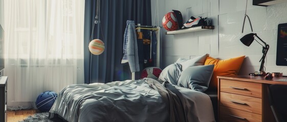 A cozy, sunlit bedroom with neatly arranged sports gear, featuring a comfy bed with colorful pillows and soft blankets, exudes a relaxed ambiance.