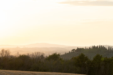 Faint sunset glow over a wooded hill and distant city skyline, with silhouettes of trees..