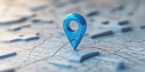 3D icon of a shiny blue location pin placed on a detailed paper map, designed for GPS, navigation, travel, and geolocation vector designs and backgrounds,