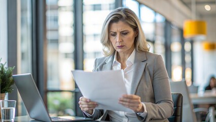 Busy professional mature business woman reading bad news in document at work. Worried serious middle aged businesswoman entrepreneur looking at paper bill sitting at desk in office