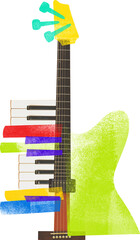 Guitar adorned with colorful piano keys and tuning pegs. Unique representation of instrument...